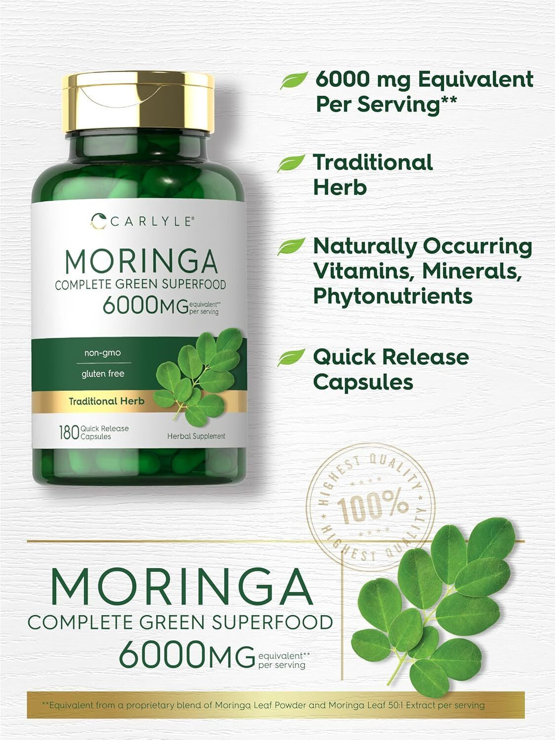 Moringa Oleifera Capsules 6000 mg | 180 Count | Premium Green Superfood by Carlyle