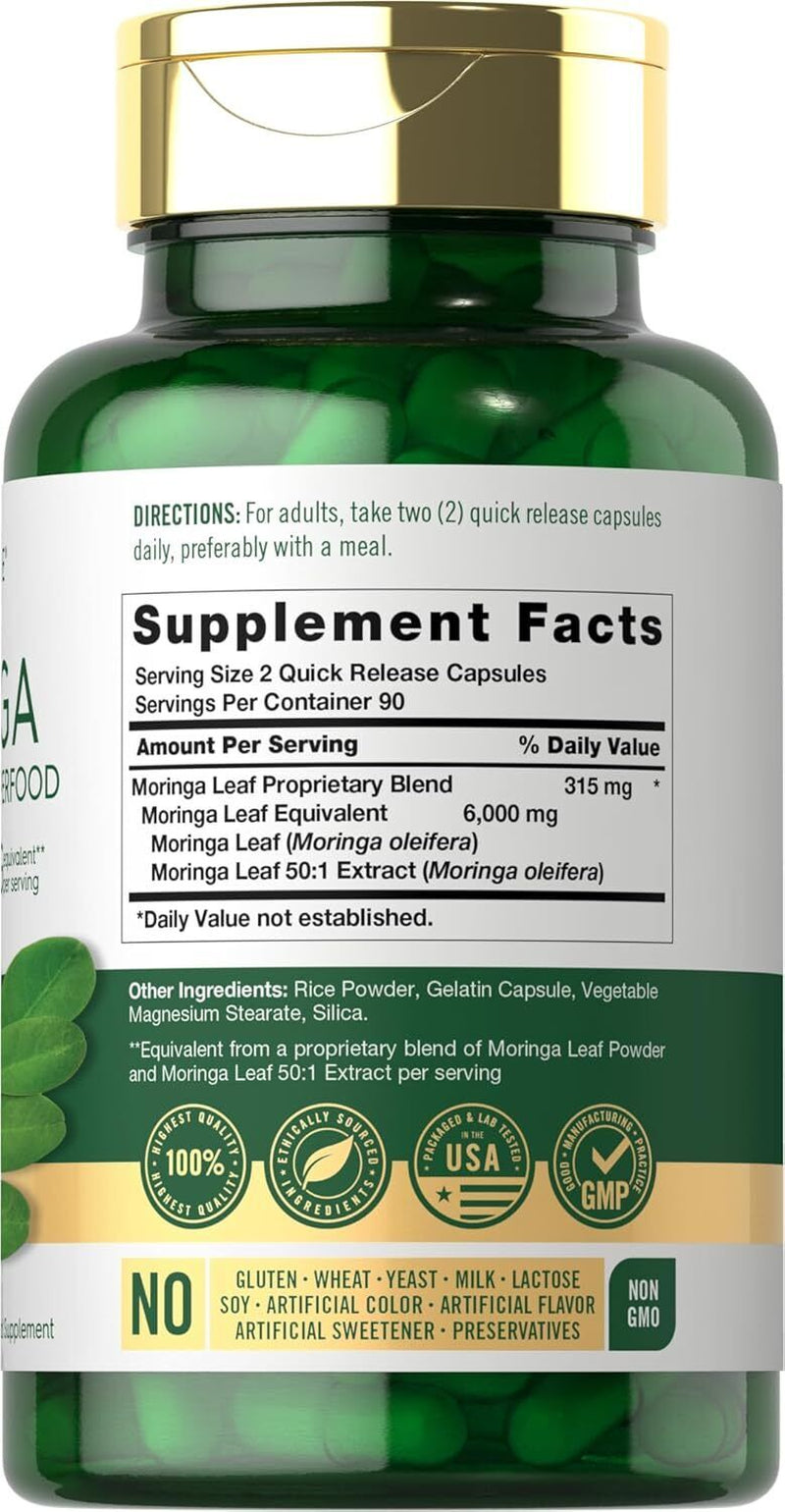 Moringa Oleifera Capsules 6000 mg | 180 Count | Premium Green Superfood by Carlyle