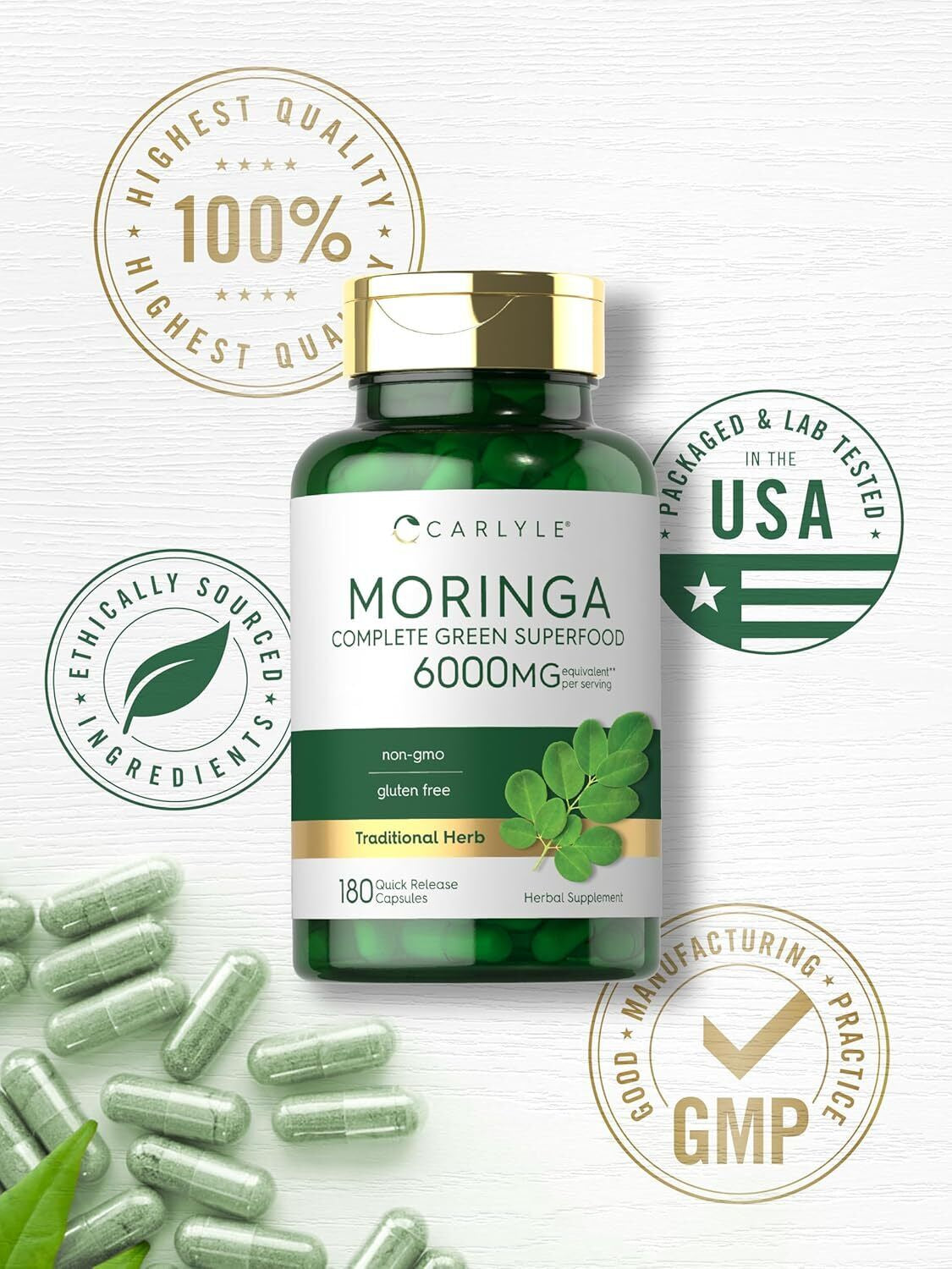 Moringa Oleifera Capsules 6000 mg | 180 Count | Premium Green Superfood by Carlyle