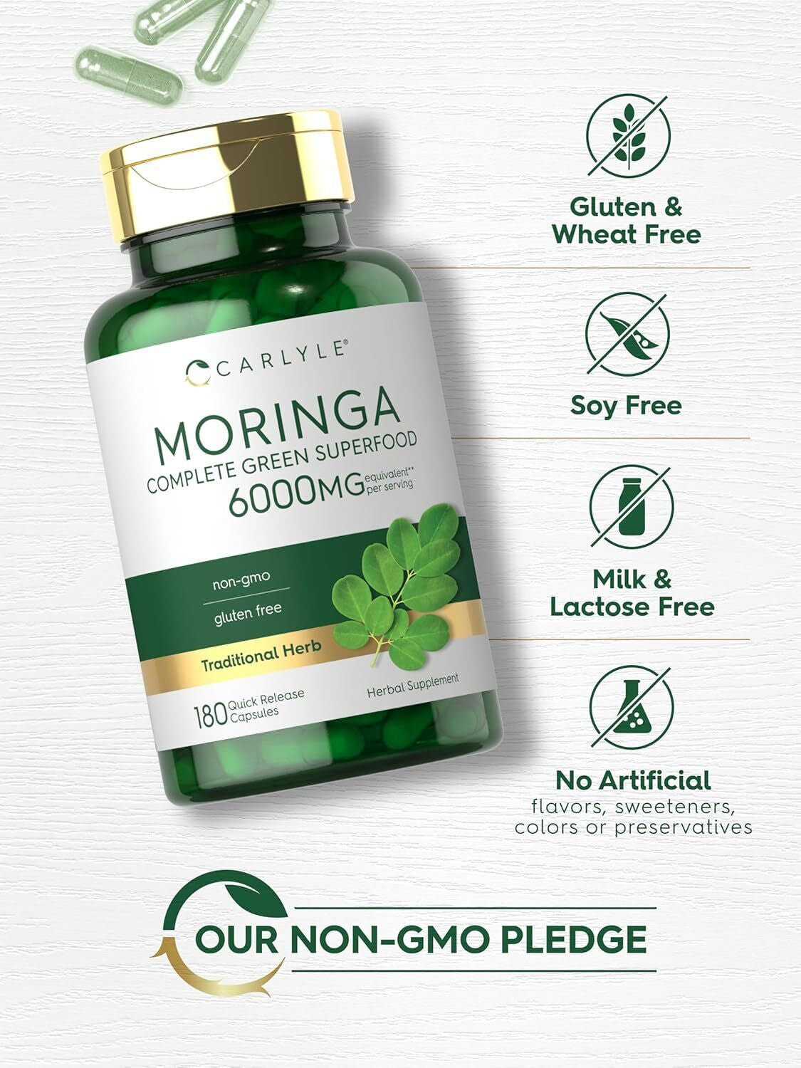 Moringa Oleifera Capsules 6000 mg | 180 Count | Premium Green Superfood by Carlyle