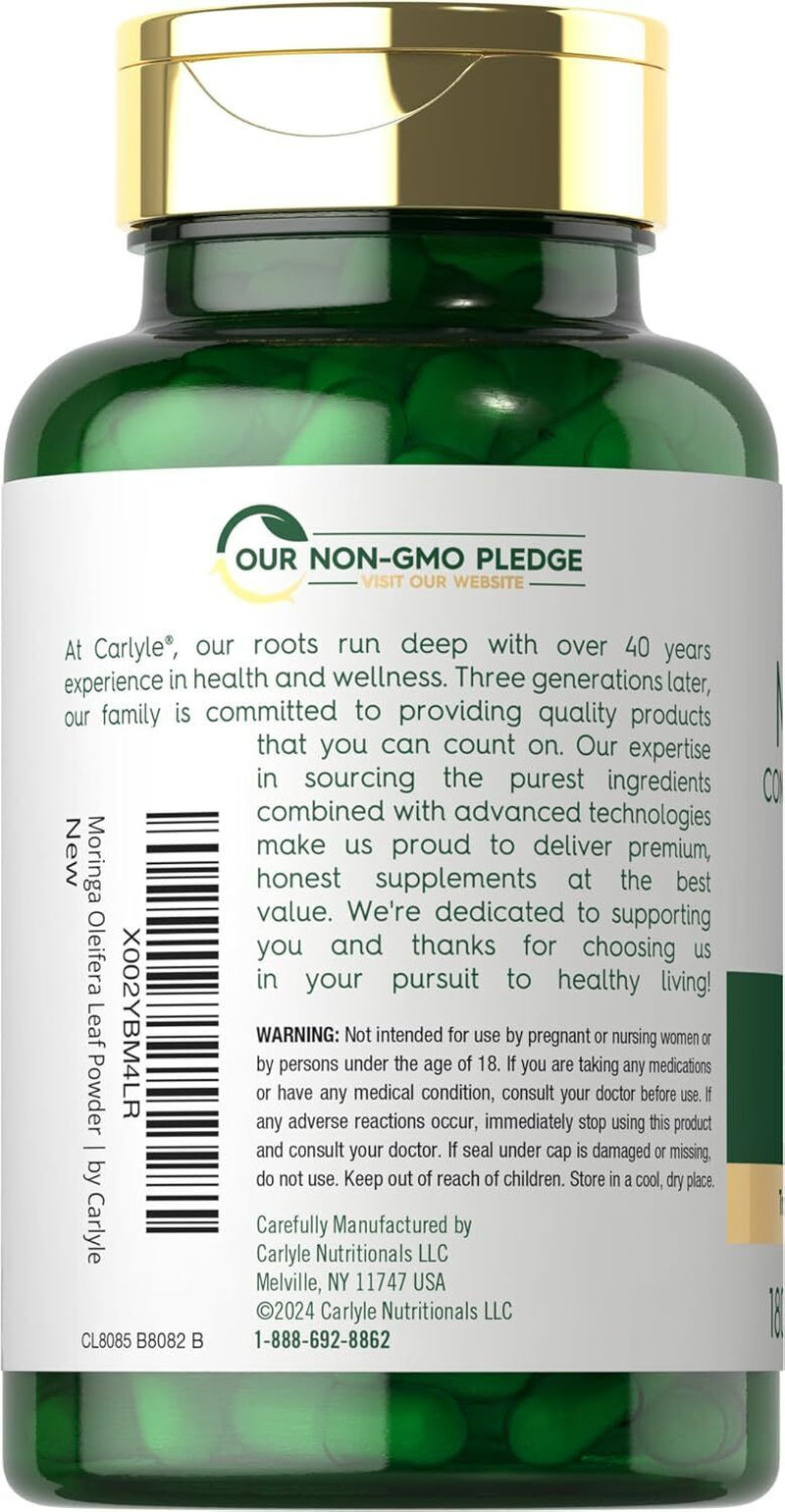 Moringa Oleifera Capsules 6000 mg | 180 Count | Premium Green Superfood by Carlyle